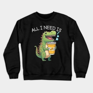 Cute Dinosaur T-Rex - I Need Coffee - Kawaii Anime Dino & Coffee Lover Crewneck Sweatshirt